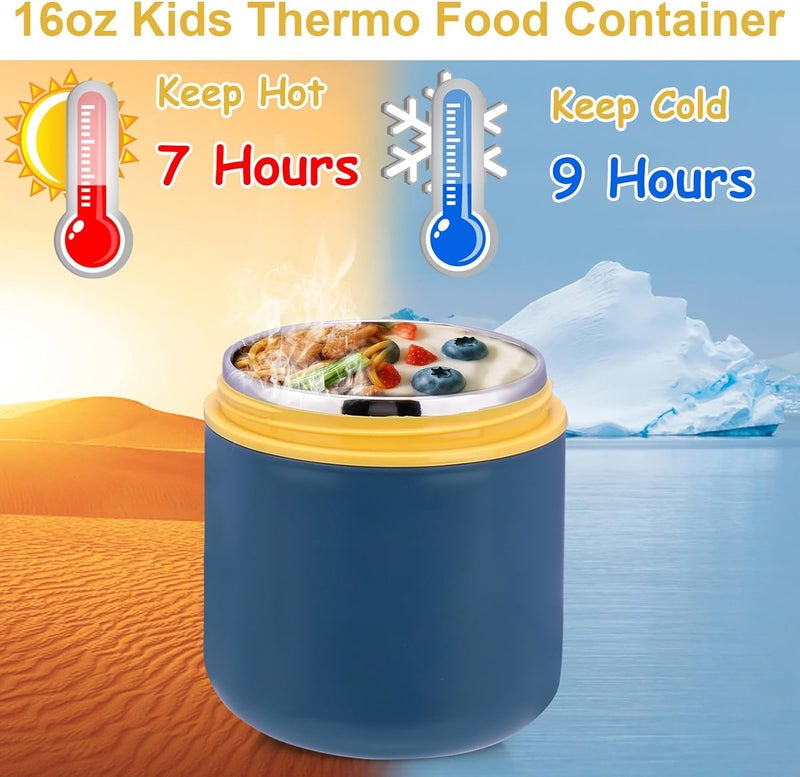 Juome 16oz Kids Thermo for Hot Food - Insulated Vacuum Food Jar Container, Wide Mouth Stainless Steel Soup Thermo Lunch Box for Kids with Spoon, Leakproof (Blue) - Image 3